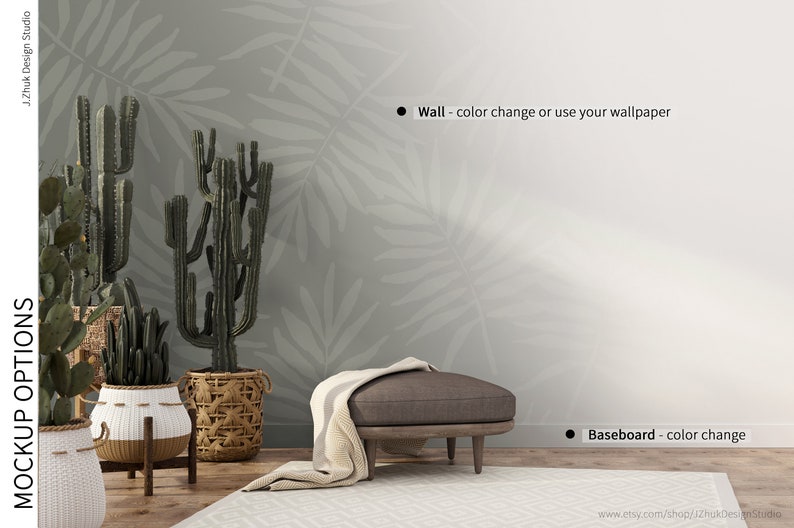 May include: A mockup of a living room interior with a gray wall featuring a white leaf pattern, a brown ottoman with a white throw blanket, and three potted cactus plants. The text "Wall - color change or use your wallpaper" and "Baseboard - color change" is visible in the image.