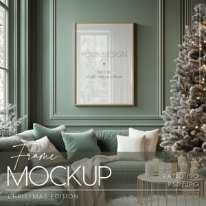 Mockup kerstlijst, ISO, A0, groen klassiek feestelijk interieur, slim object, reflectie van glas aan/uit, passe-partout toevoegen, PSD, JPG