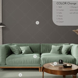 May include: A living room interior design mockup with a green sectional sofa, a wooden coffee table, a brown rug, and a gray wall with a patterned design. The sofa has three pillows and a throw blanket. The coffee table has a book and a black mug on it. The rug is under the coffee table and the sofa. The wall is behind the sofa and the coffee table. The text "COLOR Change" is in the upper right corner of the image. The text "1. Wall, 2. Curtain, 3. Sofa, 4. Vases, 5. Books, 6. Carpet" is below the text "COLOR Change".