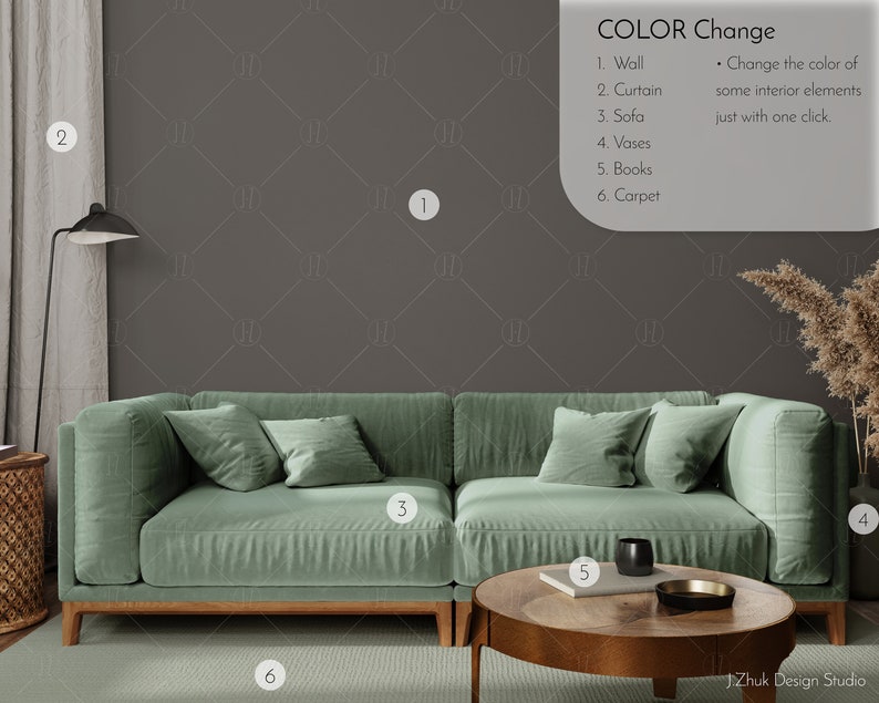 May include: A living room interior design mockup with a green sectional sofa, a wooden coffee table, a brown rug, and a gray wall with a patterned design. The sofa has three pillows and a throw blanket. The coffee table has a book and a black mug on it. The rug is under the coffee table and the sofa. The wall is behind the sofa and the coffee table. The text "COLOR Change" is in the upper right corner of the image. The text "1. Wall, 2. Curtain, 3. Sofa, 4. Vases, 5. Books, 6. Carpet" is below the text "COLOR Change".