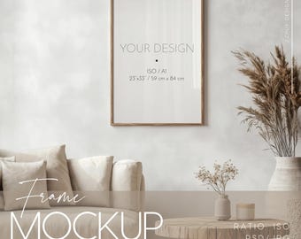 Frame interior mockup, One frame, Minimalist Japandy style interior, Glass reflection, Thin wooden frame, ISO ratio, PSD, JPG
