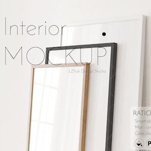 Frame mockup for presentation, Interior mockup, Color change, Editable mock up, Glass reflection, white, wooden, black frame, PSD, PNG, JPG