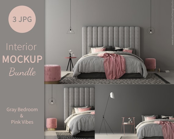 Schlafzimmer Mockup Bundle in grau und rosa, Schlafzimmer Mockup, Schlafzimmer Mockup, dunkelgraue Einrichtung, JPG, Schlafzimmer Set Mockup, minimalistisch