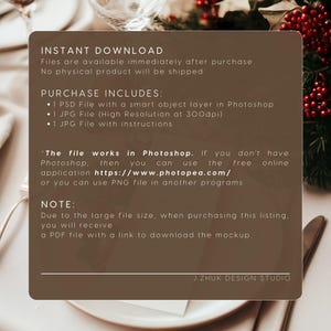 May include: A digital download product listing for a Photoshop mockup. The listing includes a PSD file with a smart object layer, a high-resolution JPG file, and a JPG file with instructions. The listing also includes a note about the large file size and how a PDF file with a link to download the mockup will be provided.