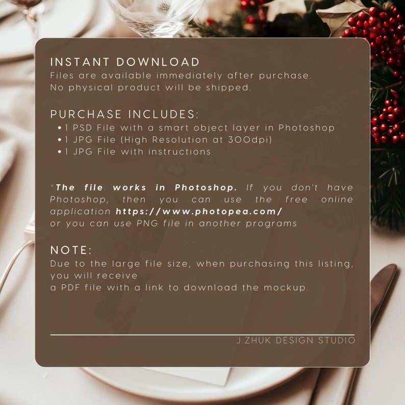 May include: A digital download product listing for a Photoshop mockup. The listing includes a PSD file with a smart object layer, a high-resolution JPG file, and a JPG file with instructions. The listing also includes a note about the large file size and how a PDF file with a link to download the mockup will be provided.