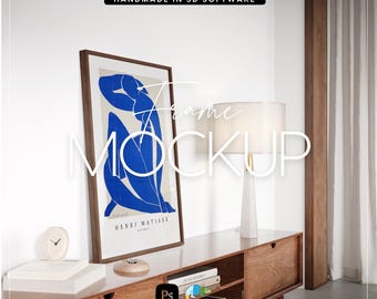 One Frame Mockup: Color Change, Glass Reflection, Mid century modern interior, PSD, JPG