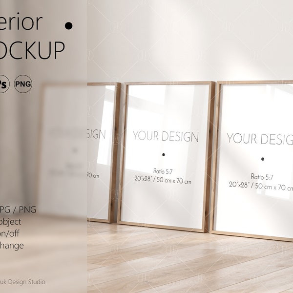 Three frame mockup, Interior mockup, Color change, Editable mock up, Glass reflection, white wooden black frame, Smart object, PSD, PNG, JPG