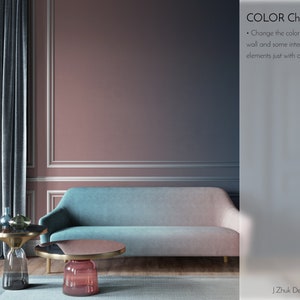 May include: A living room interior design mockup with a blue sofa, two gold and glass side tables, and a rug. The walls are painted in a gradient of pink and blue. The text "COLOR Change" is displayed on the right side of the image. The text reads "Change the color of wall and some interior elements just with one click."