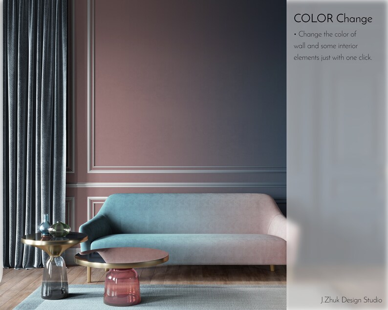 May include: A living room interior design mockup with a blue sofa, two gold and glass side tables, and a rug. The walls are painted in a gradient of pink and blue. The text "COLOR Change" is displayed on the right side of the image. The text reads "Change the color of wall and some interior elements just with one click."