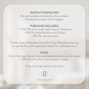 May include: A white text box with black text outlining the details of a digital download. The text includes "Instant Download", "Purchase Includes", "Note", and "J. Zhuk Design Studio".