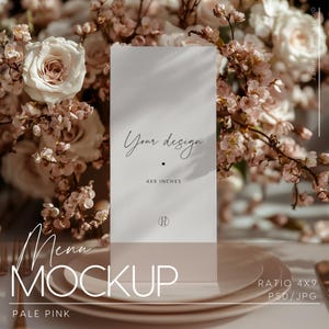 Maqueta de menú de boda de 4x9, diseño elegante con flores de color rosa pálido, para menús de boda y marca de eventos, boda de primavera, PSD
