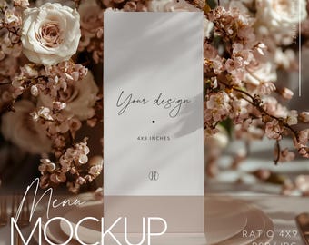 4x9 Wedding Menu Mockup, elegant design with pale pink flowers, for wedding menus and event branding, spring weding, PSD