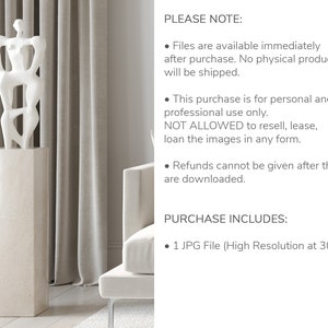 May include: A white abstract sculpture of a person standing on a beige pedestal. The sculpture is in a room with beige curtains and a white couch. The text "PLEASE NOTE:" and "PURCHASE INCLUDES:" is visible in the image. The text says "Files are available immediately after purchase. No physical product will be shipped." and "1 JPG File (High Resolution at 300dpi)".