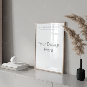 Wooden Frame Mockup: Minimalist Interior, Side View,  Glass reflection (PSD, JPG, PDF)
