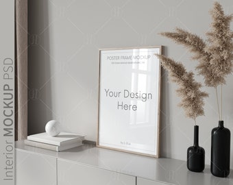 Maqueta de marco de madera: Interior minimalista, vista lateral, reflejo del cristal (PSD, JPG, PDF)