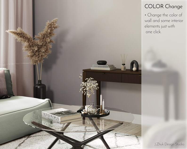 May include: A living room interior design with a light grey wall, a green sofa, a glass coffee table with a book titled "COUVER PEOPLES" on it, a vase with dried pampas grass, and a console table with a vase of white flowers, candles, and decorative objects.