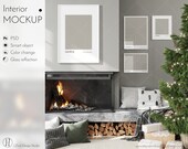 Christmas Living room mockup, Gallery wall mockup, Interior with fireplace, Frame mockup, Color change, Glass reflection, Smart object, PSD