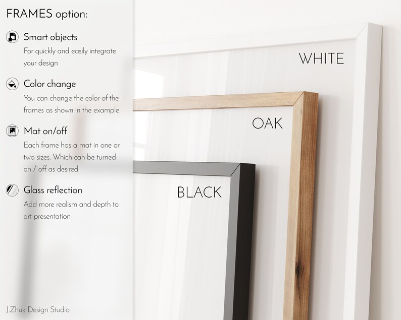 Puede incluir: Tres opciones de marcos para obras de arte: blanco, roble y negro. Los marcos se muestran contra una pared blanca. El texto "FRAMES option:" est&aacute; en la parte superior de la imagen. El texto "WHITE", "OAK" y "BLACK" se muestra en cada marco.