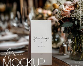 4x9 Menu Mockup – Elegant Table Setting with Flowers – Perfect for Cafe, Restaurant, and Event Menus, PSD, PNG