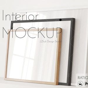 May include: A mockup of three picture frames, one white, one black, and one wood. The frames are on a white shelf. The text "Interior Mockup" is written above the frames. The text "J.Zhuk Design Studio" is written below the frames. The text "RATIO ISO" is written in the bottom right corner of the image.