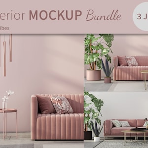May include: Three interior design mockups featuring a pink sofa with tufted upholstery, a coffee table, and potted plants. The mockups are set against a white wall and a pink wall. The text "Interior MOCKUP Bundle" and "Pink Vibes" is visible at the top of the image.