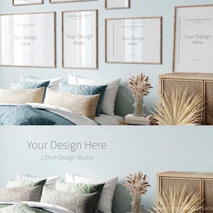 May include: A bedroom interior mockup with a bed, nightstands, and a dresser. The bed has a light blue duvet cover with a leafy pattern, and a beige throw pillow. The nightstands have a vase with dried flowers and a stack of books. The dresser has a woven rattan front and a lamp with a beige shade. There are four empty picture frames on the wall above the bed, each with the text "Your Design Here".