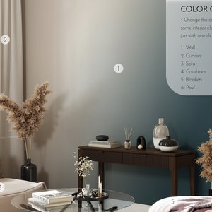 May include: A living room interior design mockup with a teal wall, a beige sofa, a glass coffee table, a brown console table, and two dried pampas grass arrangements in black vases. The text "COLOR Change" is displayed in the upper right corner of the image. The text "Change the color of some interior elements just with one click." is displayed below the text "COLOR Change". The text "1. Wall, 2. Curtain, 3. Sofa, 4. Coushions, 5. Blankets, 6. Pouf" is displayed below the text "Change the color of some interior elements just with one click."