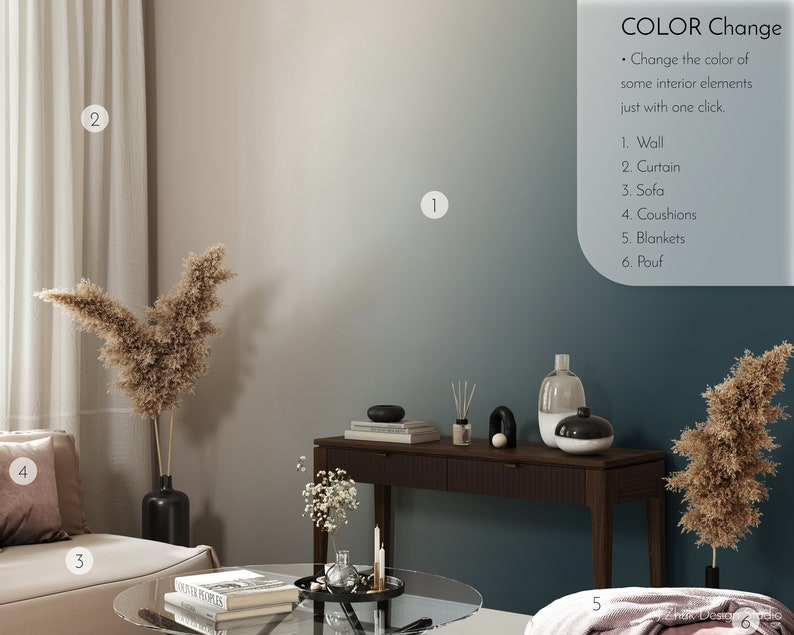 May include: A living room interior design mockup with a teal wall, a beige sofa, a glass coffee table, a brown console table, and two dried pampas grass arrangements in black vases. The text "COLOR Change" is displayed in the upper right corner of the image. The text "Change the color of some interior elements just with one click." is displayed below the text "COLOR Change". The text "1. Wall, 2. Curtain, 3. Sofa, 4. Coushions, 5. Blankets, 6. Pouf" is displayed below the text "Change the color of some interior elements just with one click."