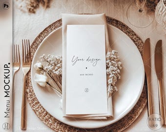 Wedding menu mock up, modern autumn, Dinner menu mockup, Wedding stationary mockup, Neutral tones, 4x9, PSD