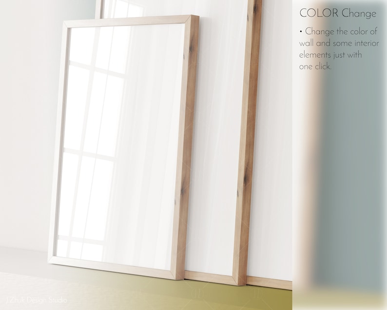 May include: Three wooden picture frames with white mats and a white background. The text "COLOR Change" is visible in the top right corner of the image. The text below reads "Change the color of wall and some interior elements just with one click."