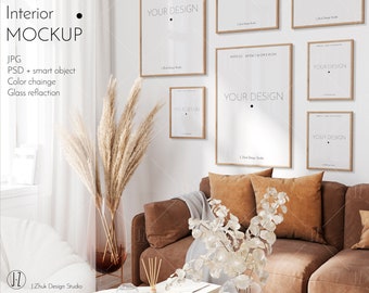 Gallery Wall Mockup, Interior mockup, Banner mockup, Boho interior, Frame mockup, Poster Mockup, Glass Reflection, Autumn Interior, PSD
