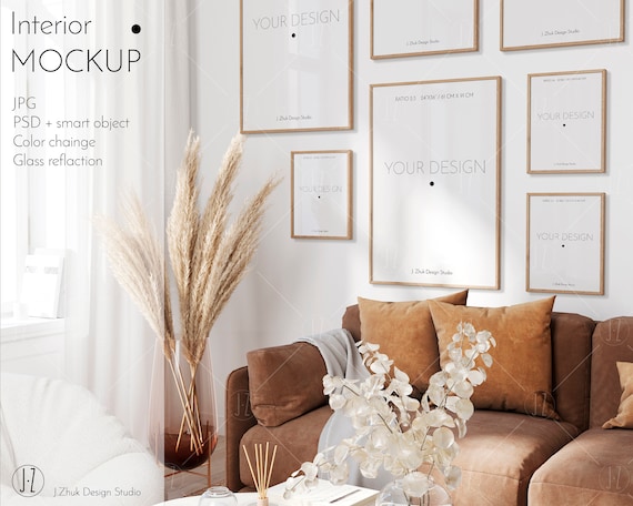 Boho Interior Gallery Wall Mockup: Color Change, Glass reflection (PSD)