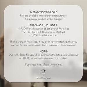 May include: A digital download listing for a Photoshop mockup featuring a smart object layer, two high-resolution JPG files, and instructions. The listing includes information about instant download, file size, and a link to a free online application for editing images.