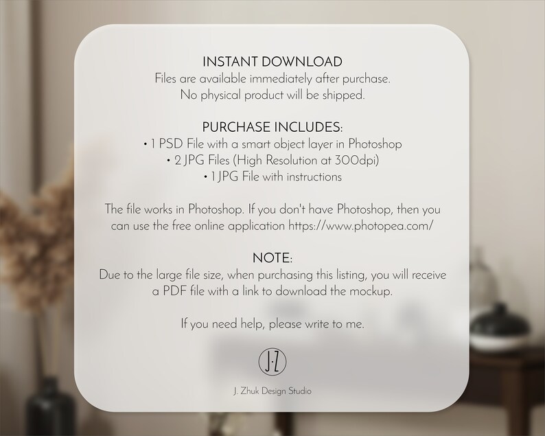 May include: A digital download listing for a Photoshop mockup featuring a smart object layer, two high-resolution JPG files, and instructions. The listing includes information about instant download, file size, and a link to a free online application for editing images.