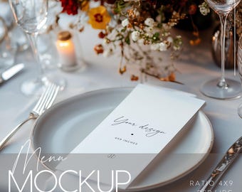 4x9 Menu Mockup – Elegant Table Setting with Flowers – Perfect for Cafe, Restaurant, and Event Menus, PSD, PNG
