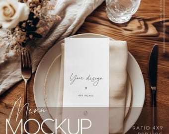 4x9 Menu Mockup – Elegant Table Setting with Flowers – Perfect for Cafe, Restaurant, and Event Menus, PSD, PNG