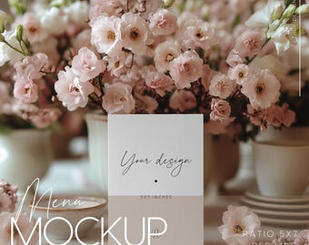 5x7 Invitation Mockup – Sakura Vase and Soft Pink-Beige Background, Ideal for invitations, greeting cards, or menus, file with Smart Objects