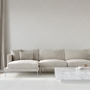 May include: A white sectional sofa with a white marble coffee table in a modern living room with a white sculpture and a beige curtain.