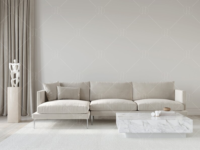 May include: A white sectional sofa with a white marble coffee table in a modern living room with a white sculpture and a beige curtain.