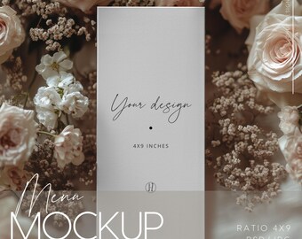 4x9 mockup, Wedding menu mockup, Card mockup for templates, Pale pink design, for wedding menus and event branding, PSD