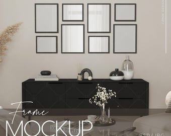 Gallery Wall Mockup, 8 frames, Interior mockup, Mid century modern, Frame mockup, Poster Mockup, Beige, Glass Reflection, PSD, JPG