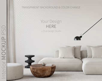 Empty Wall Mockup, Blank Wall, Wall mockup, Wallpaper Mockup, Mid Century Modern,  Living room mockup, Editable Mockup, Transparent wall