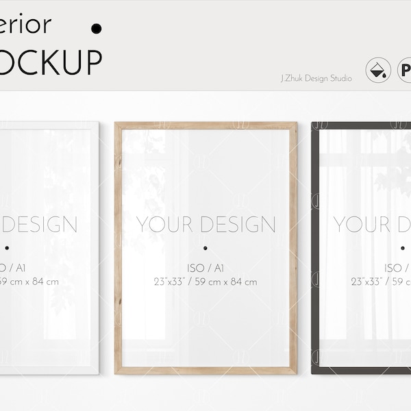 Three frame mockup, glass reflection, color change, A1, PSD, PNG, JPG