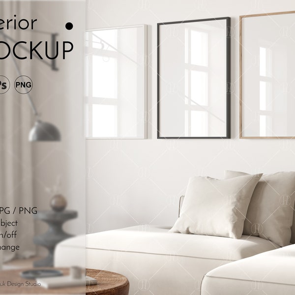 Drei Rahmen Mockup, Interior Mockup, Mid Century Modern, Glasreflexion, Farbwechsel, PSD, PNG, JPG