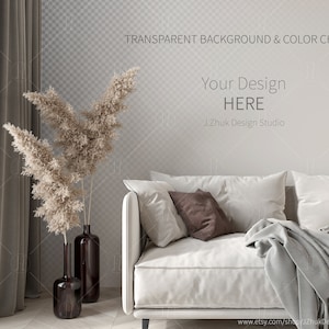 May include: A white sofa with two white pillows and a brown pillow. A gray throw blanket is draped over the sofa. Two tall vases with dried pampas grass are in the foreground. The background is a light gray wall with the text "Your Design HERE" and "J.Zhuk Design Studio".