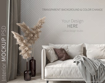 May include: A white sofa with two white pillows and a brown pillow. A gray throw blanket is draped over the sofa. Two tall vases with dried pampas grass are in the foreground. The background is a light gray wall with the text "Your Design HERE" and "J.Zhuk Design Studio".