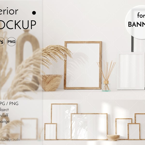 Bannerrahmen Mockup, Etsy Banner Mockup, Interior Mockup, Boho Interior, Glasreflexion, Farbwechsel, Smart-Objekt, PSD, PNG, JPG