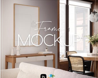 Vertical Frame Mockup: Interior Scene, 70x100cm, Color Change, Glass reflection (PSD, JPG)