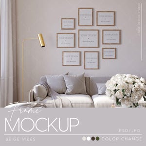 Mockup de parede de galeria, Mockup de interior, Moderno de meados do século, Mockup de moldura, Mockup de pôster, Bege, Reflexo de vidro, PSD, JPG