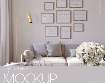 Gallery Wall Mockup, Interior mockup, Mid century modern, Frame mockup, Poster Mockup, Beige, Glass Reflection, PSD, JPG